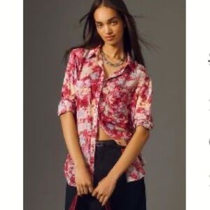 NWT Anthropologie Pilcro The Romy Relaxed Buttondown Shirt, Raspberry Floral, L